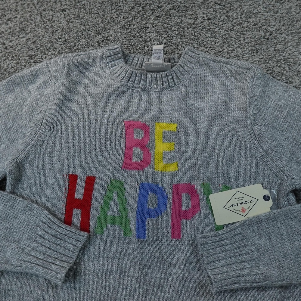 NEW St Johns Bay Sweater Womens XS Gray Graphic Logo Knit Pullover Crewneck Top